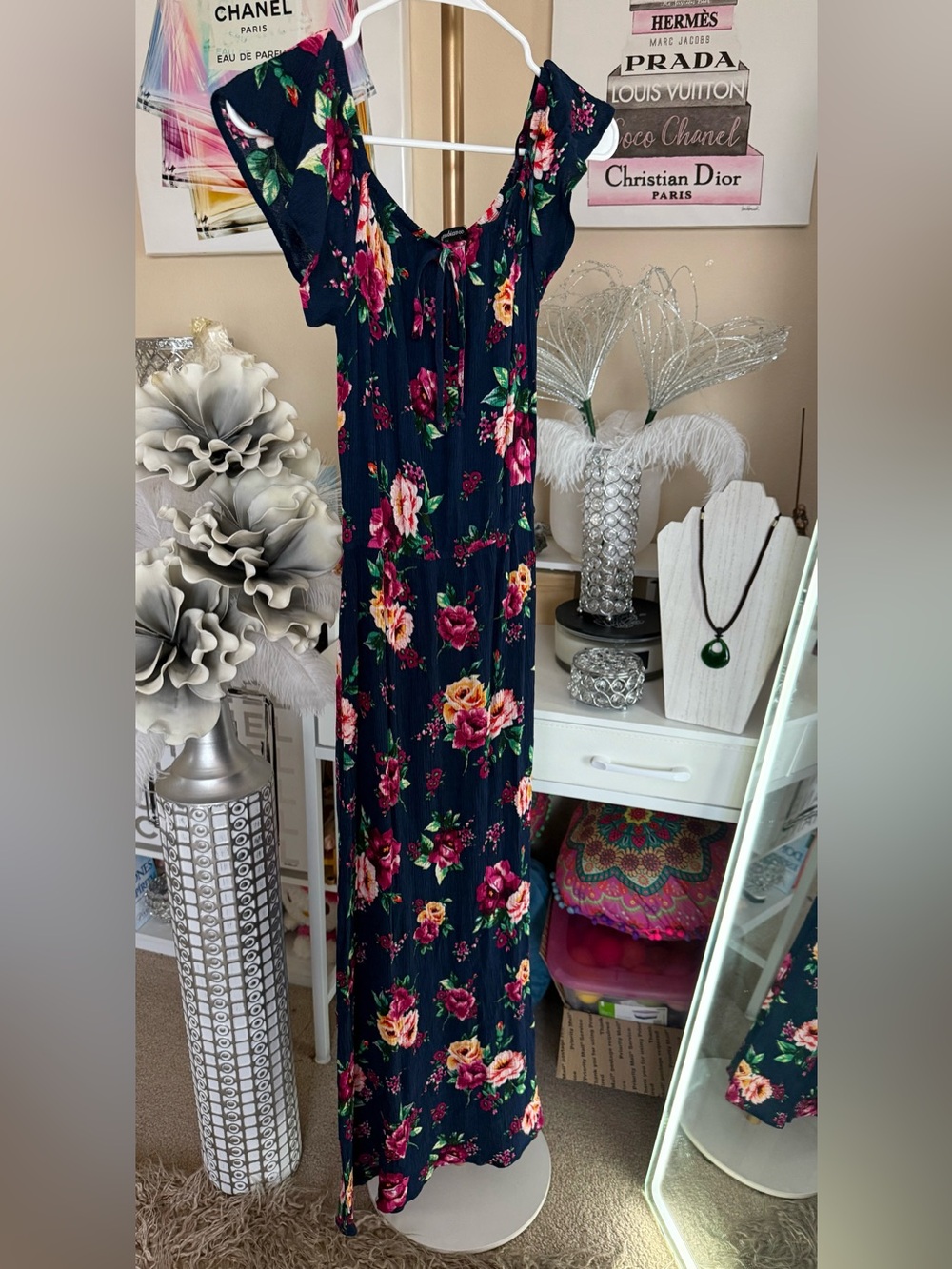 Ambiance Navy Maxi Dress with Pink & Yellow Floral Print